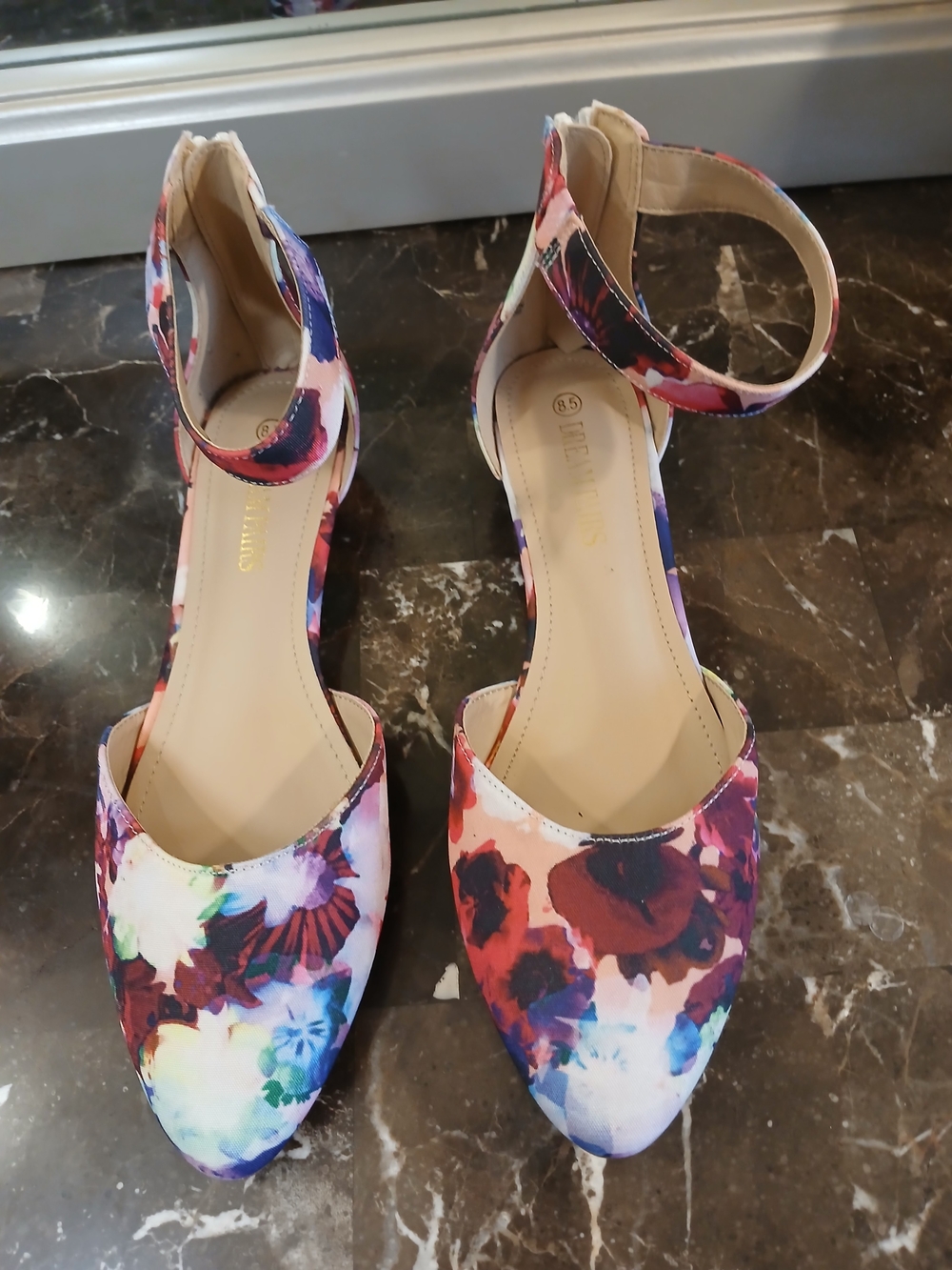 Floral Pointed-Toe Ankle Strap Multicolor Shoes With 1" Heel